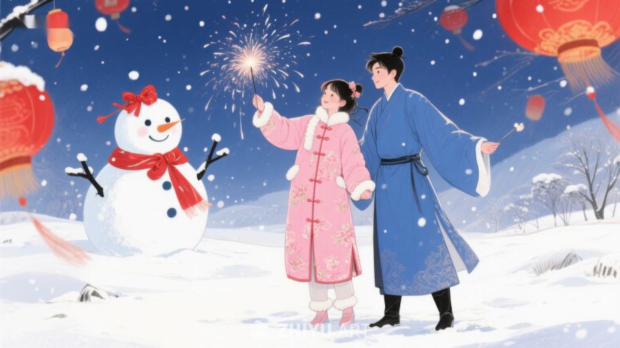 冬日雪景中欢庆的二人与雪人 183