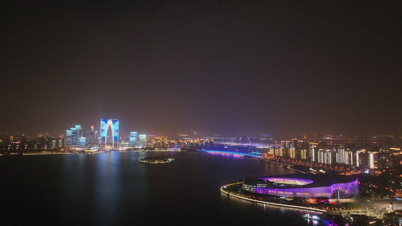 航拍苏州金鸡湖夜景
