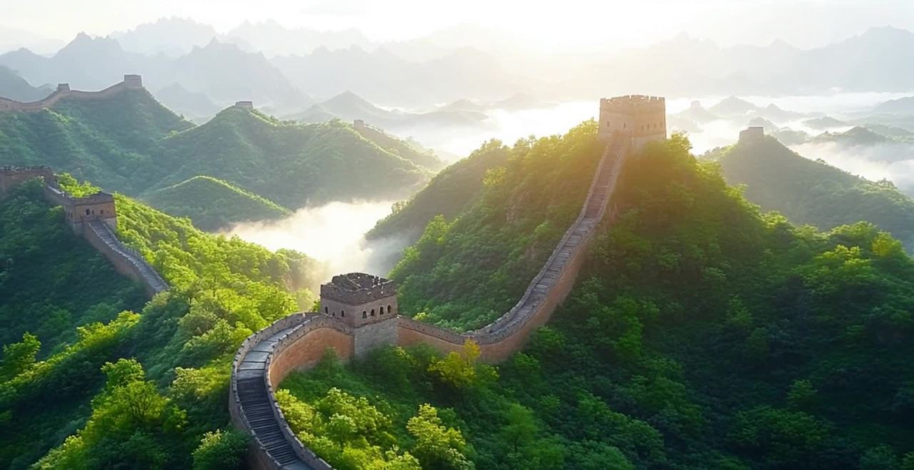 蜿蜒的万里长城坐落在绿树环绕的山峦之间。长城呈砖红