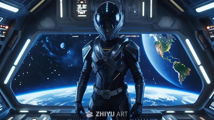 一个身穿星战风格黑色宇航服的人站在太空飞船的窗口前