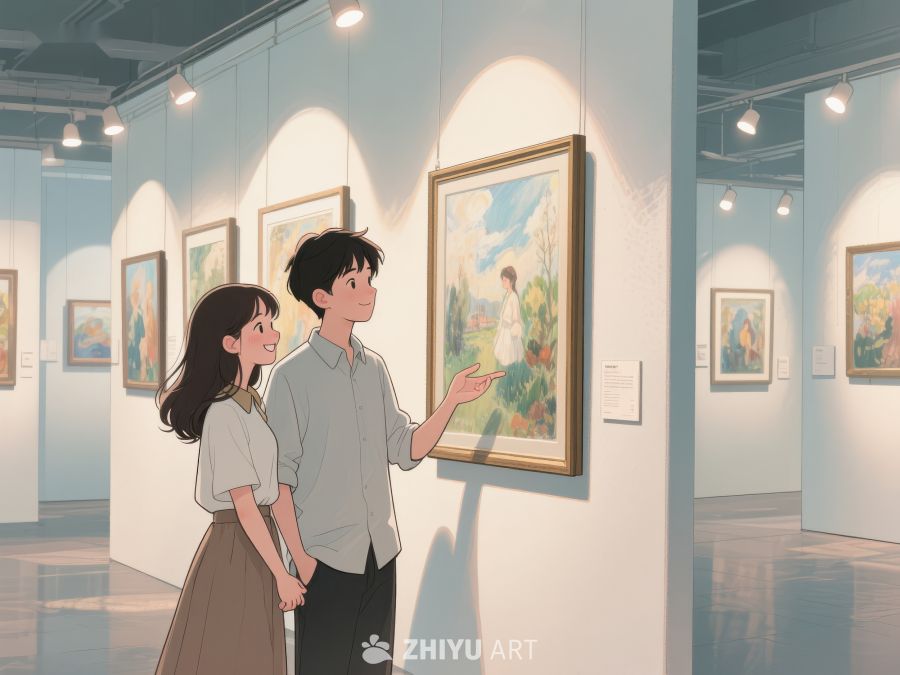 美术馆内两人观赏画作 487