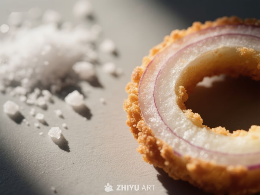 酥脆洋葱圈与盐粒特写