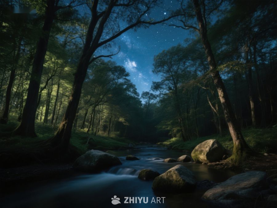 月夜森林溪流 588
