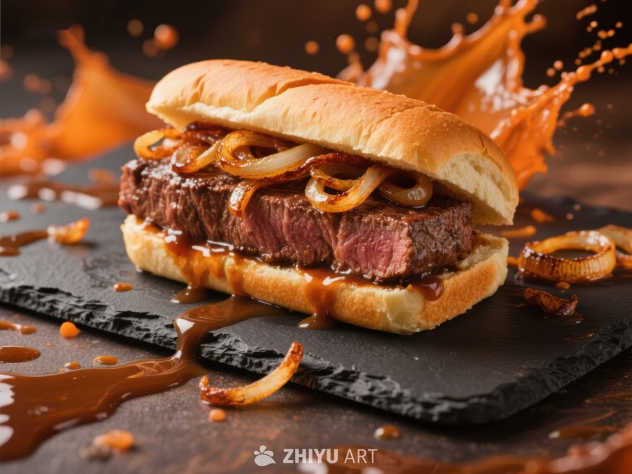 美味牛肉汉堡配焦糖洋葱