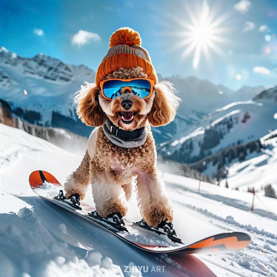 一只贵宾犬戴着太阳镜和绒球帽，站在滑雪板上，正在雪