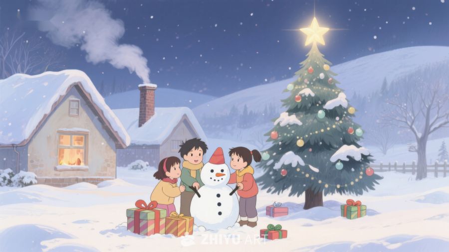 冬夜雪地里的圣诞树与孩子们 107