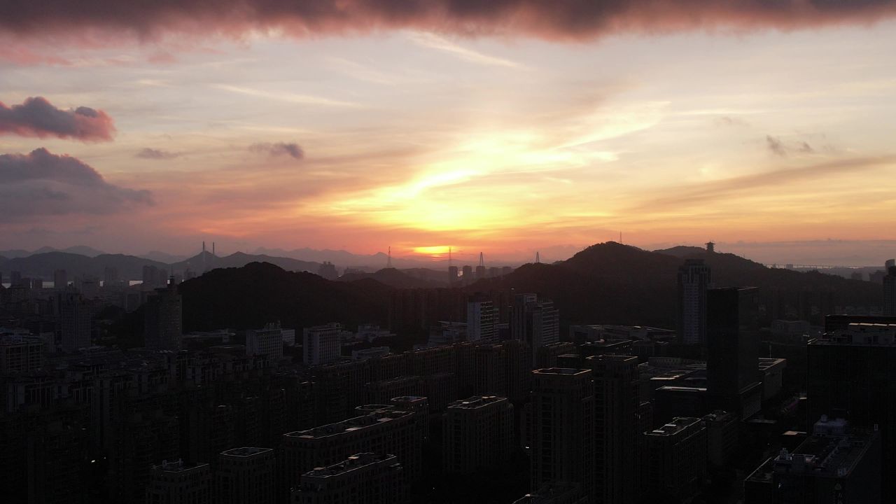 城市朝霞彩霞日出台州日出航拍