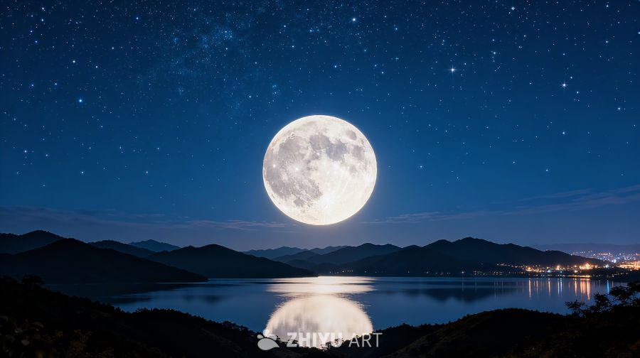 浪漫梦幻蓝色中秋月夜山景背景 3