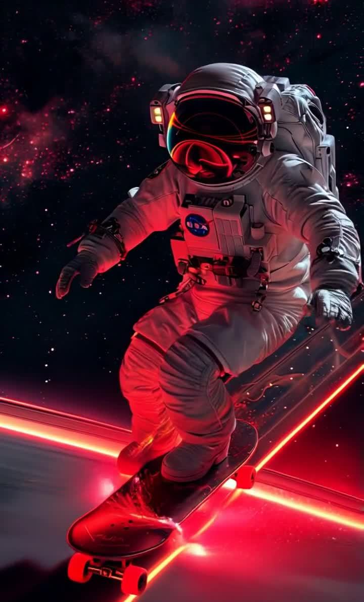 太空宇航员滑板穿梭，红线宇宙背景绚丽夺目。