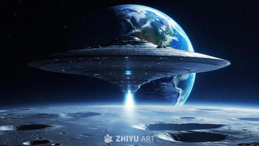 一个巨大的外星飞船悬浮在月球上方，地球在背景中。飞