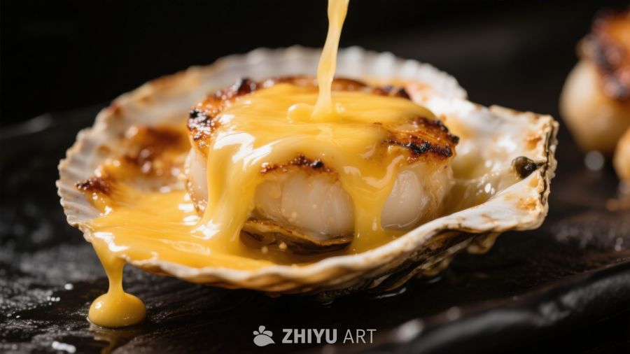 煎烤扇贝淋上浓郁酱汁