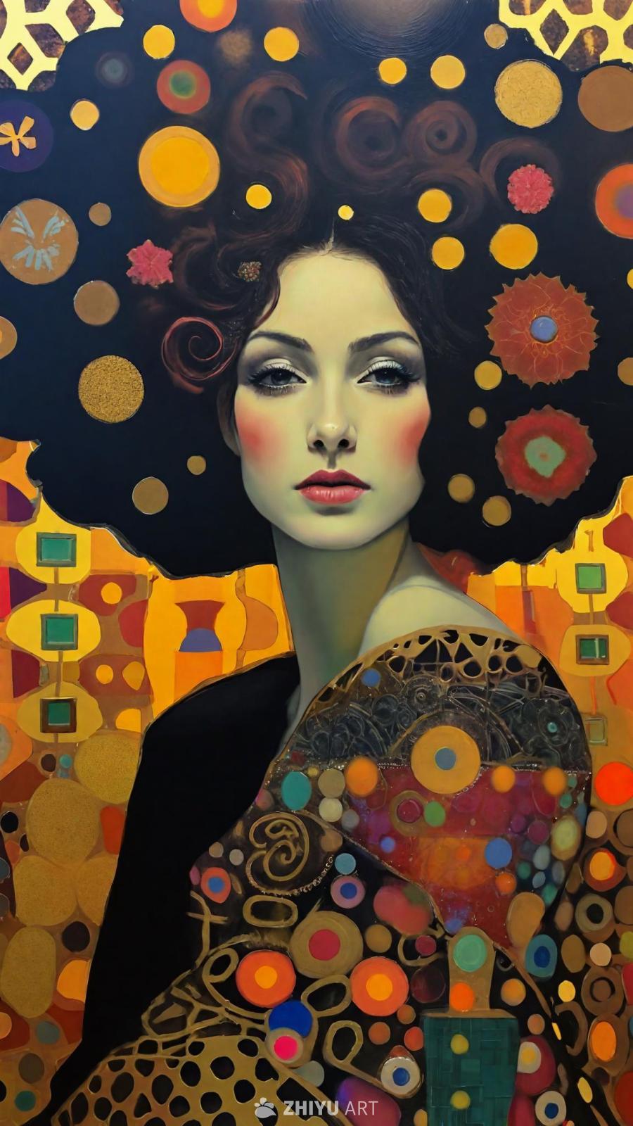 画中描绘了一位女性，风格类似于古斯塔夫·克林姆特。