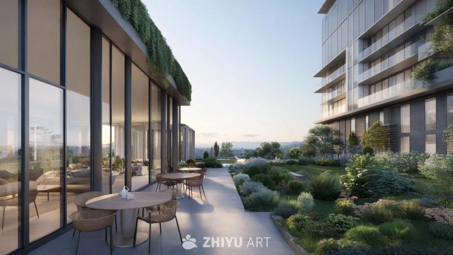 玻璃幕墙建筑外，户外露台上摆放着几张圆桌和藤椅，桌