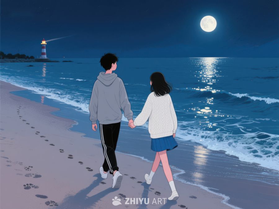 月夜海滩漫步的情侣 1158