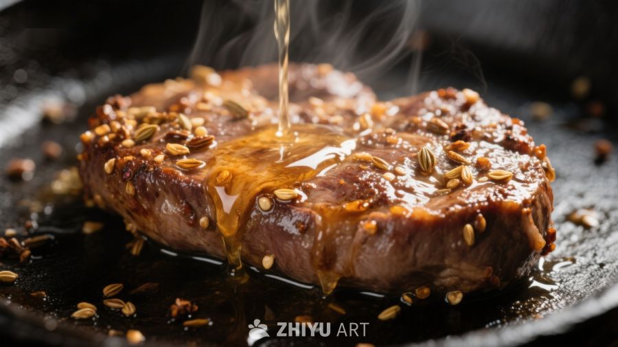 煎锅中的美味牛排