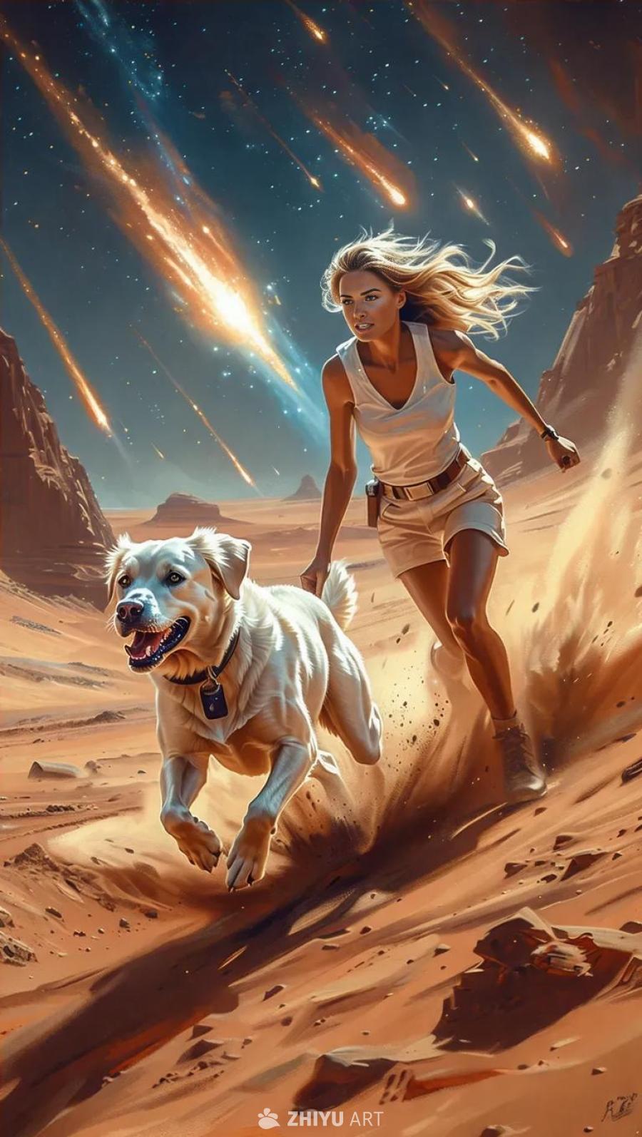 火星场景中，一只白色的狗和一个女人正在奔跑，躲避流