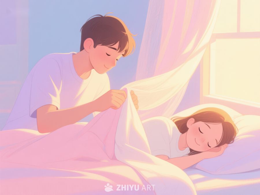 温馨晨光中，男子轻柔为女子盖被 698