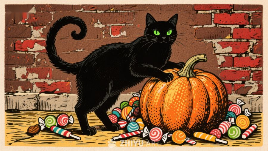 黑猫与南瓜糖果的万圣节场景