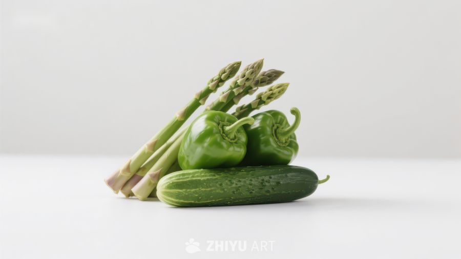 绿色蔬菜组合：芦笋、青椒与黄瓜