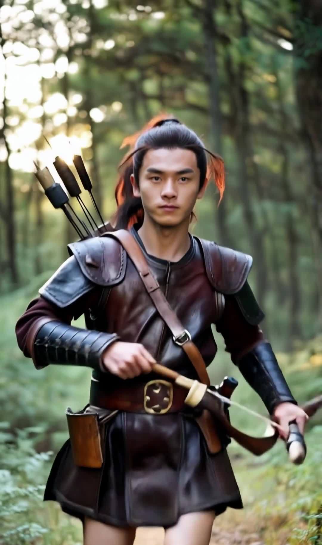 一位年轻的中国男弓箭手，身穿皮质护甲，梳着高马尾，