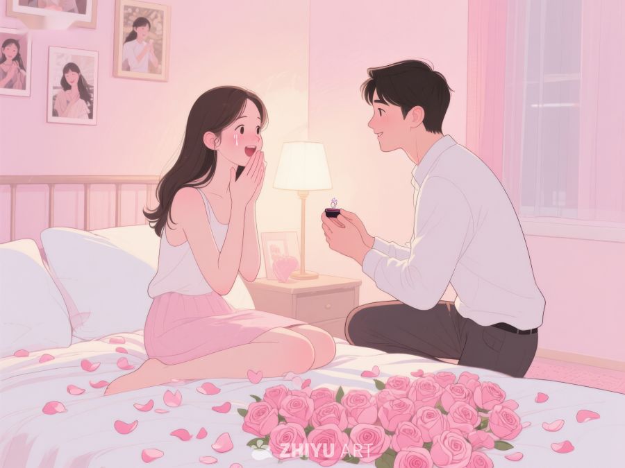 温馨求婚场景，玫瑰花瓣环绕 763