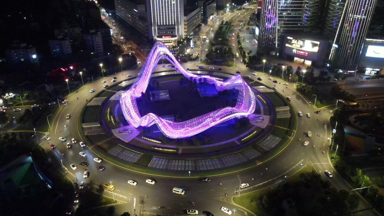 湖北武汉光谷广场夜景交通转盘航拍