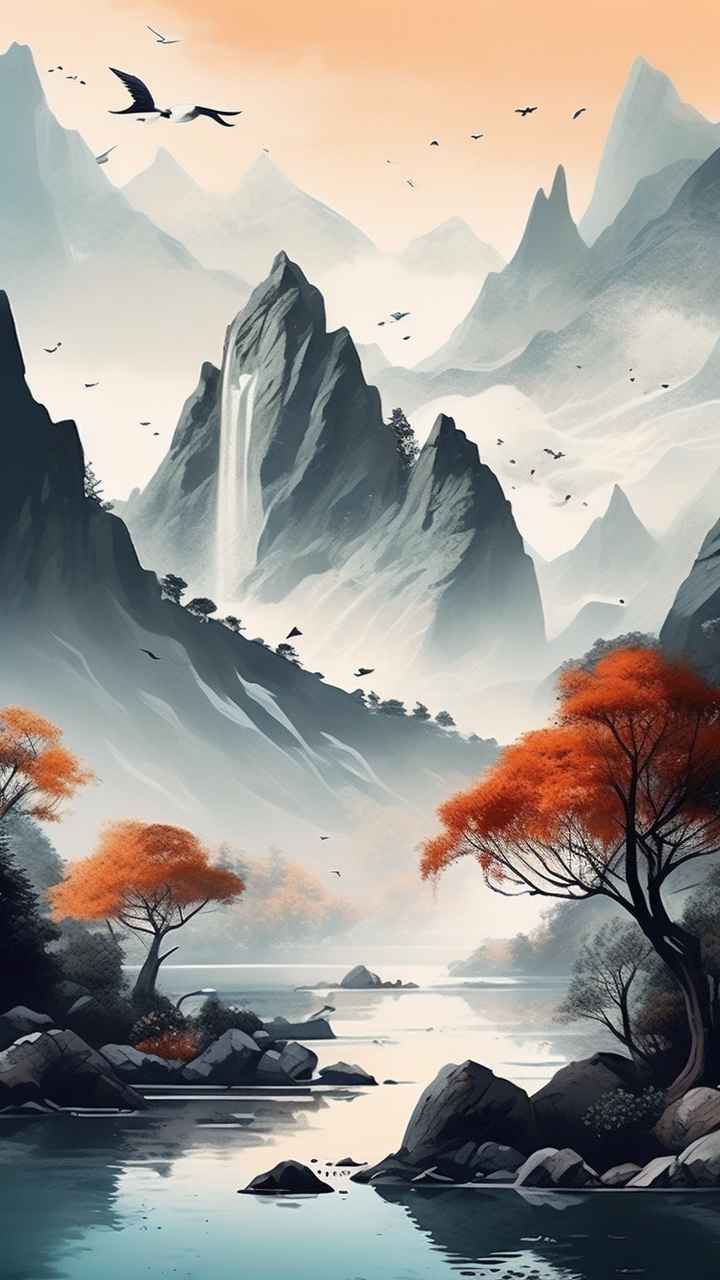 国风水彩画山水风景插画 23