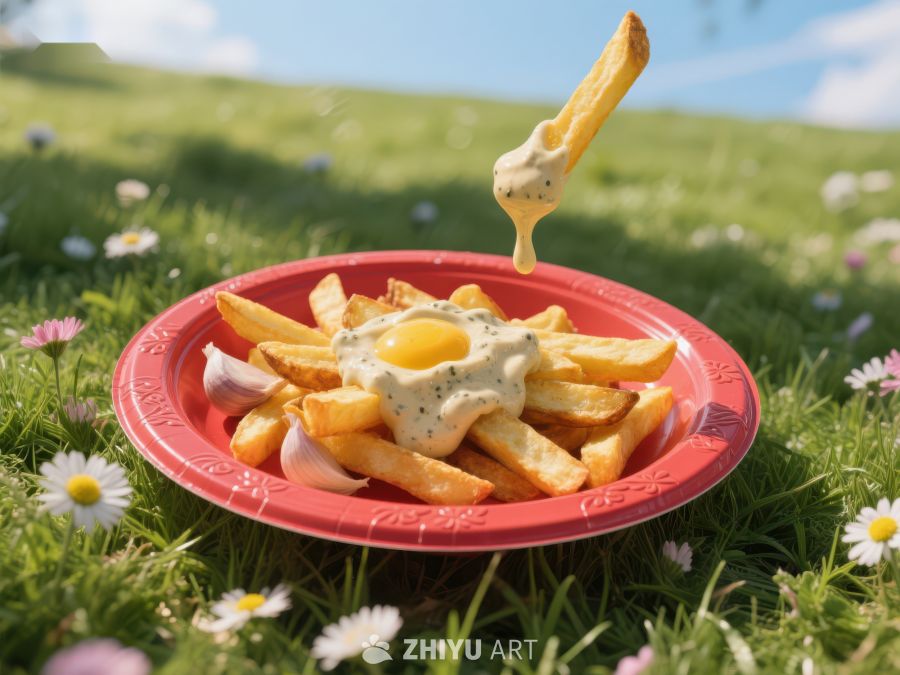 薯条配蛋黄酱，户外草地美食