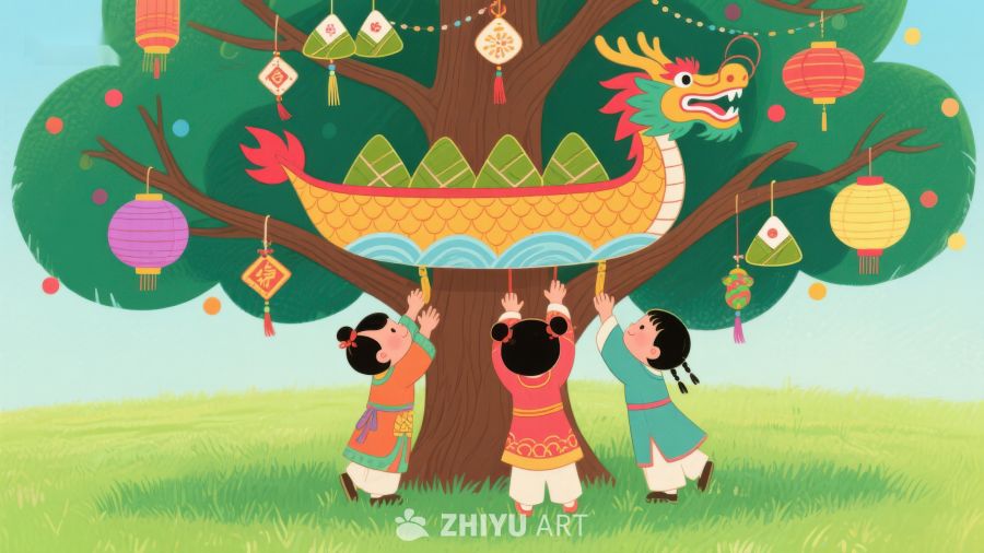 孩子们在树下欢庆龙舟节 172