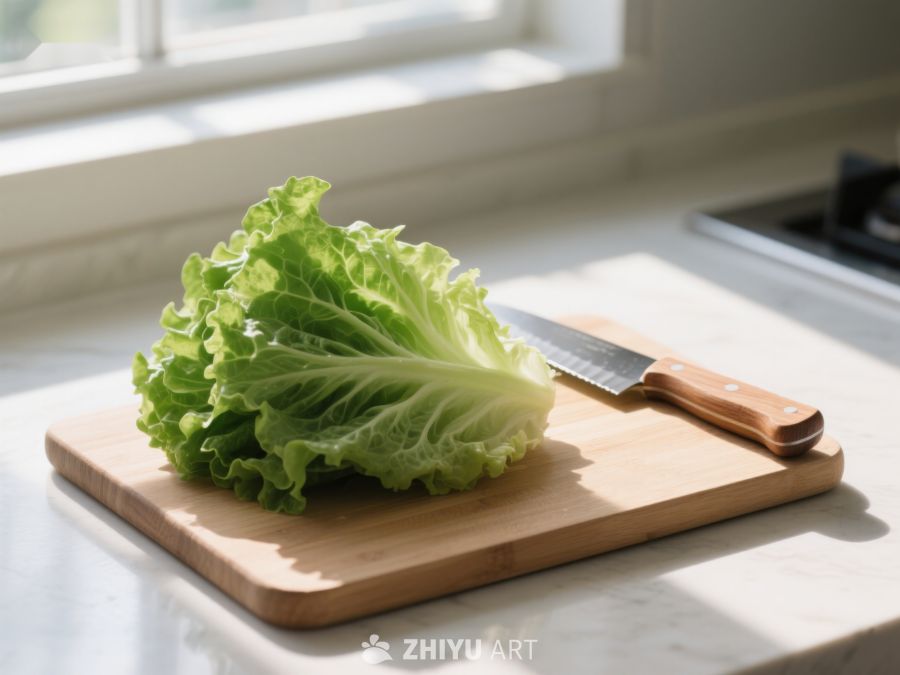 生菜置于砧板上，阳光洒落厨房 367