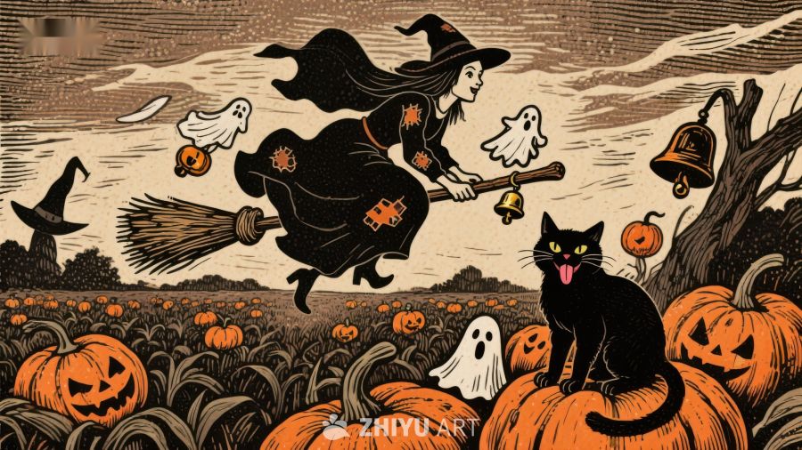 万圣夜巫女骑扫帚与黑猫