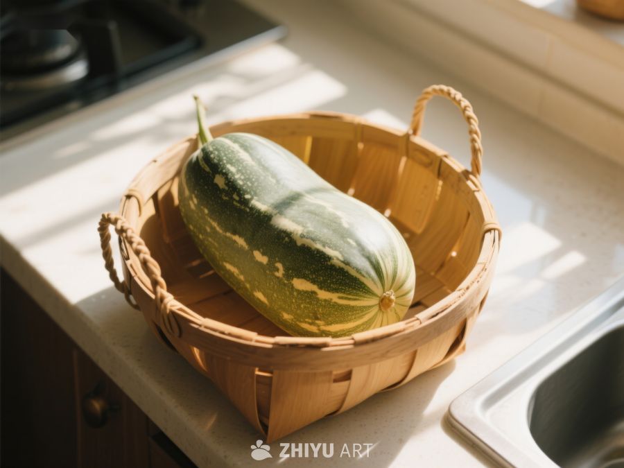 厨房台面上的篮子装着绿色南瓜 79