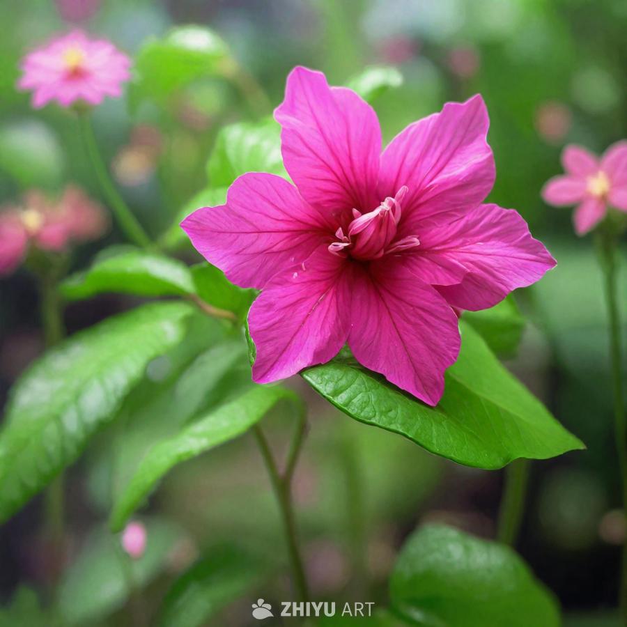 一朵美丽的粉色花朵，在繁茂的绿色植物中傲然挺立。花