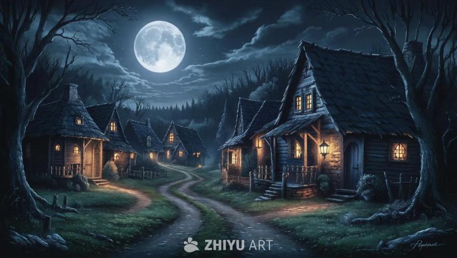 夜空中挂着一轮满月，照亮了一个偏远的村庄。天空晴朗