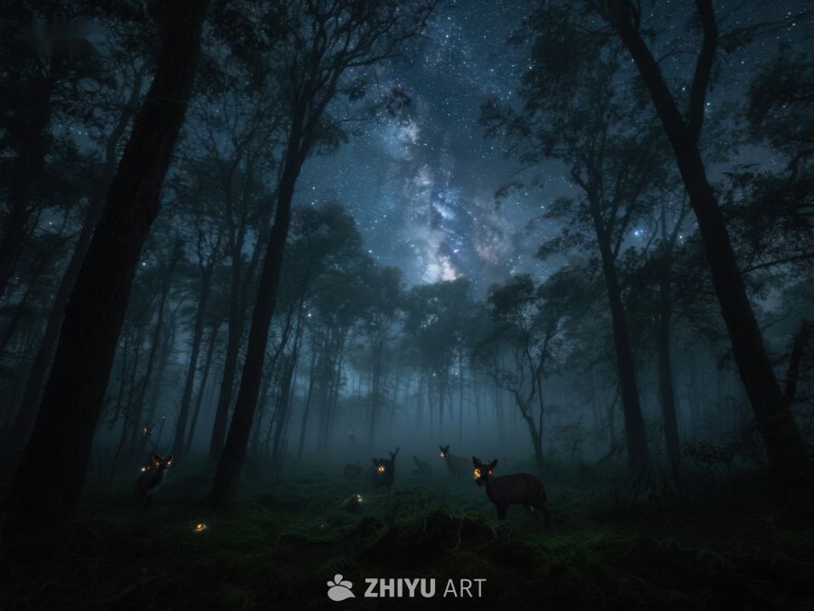 夜林星光下的神秘鹿群 464
