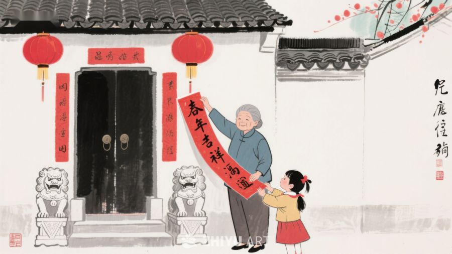 祖孙贴春联，喜迎新春佳节 1296