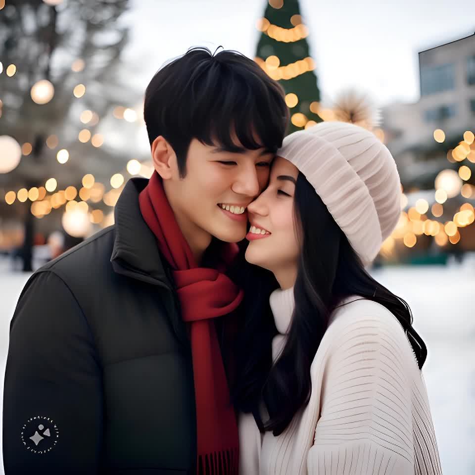 一名男子穿着黑色外套和红色围巾，一名女子穿着白色毛