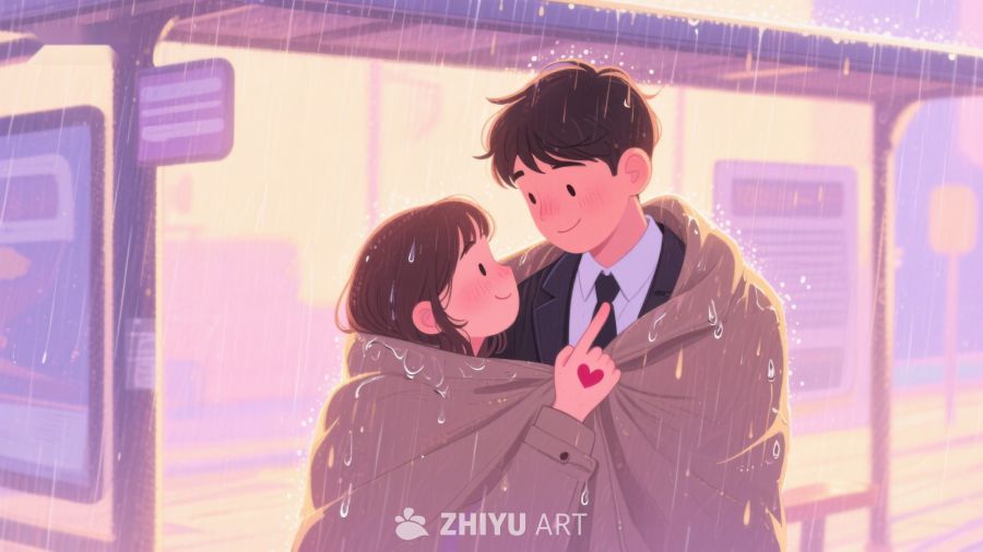 雨中站台的温馨拥抱 685
