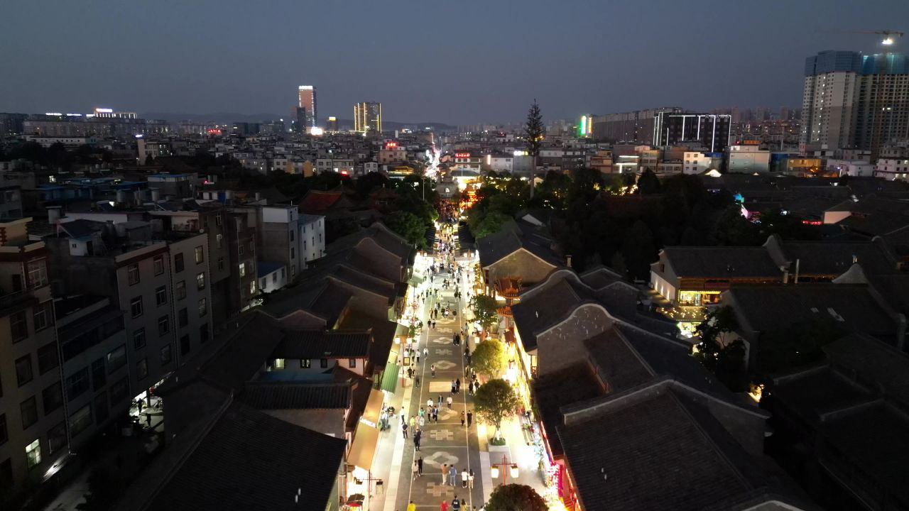 云南昆明官渡古镇夜景航拍