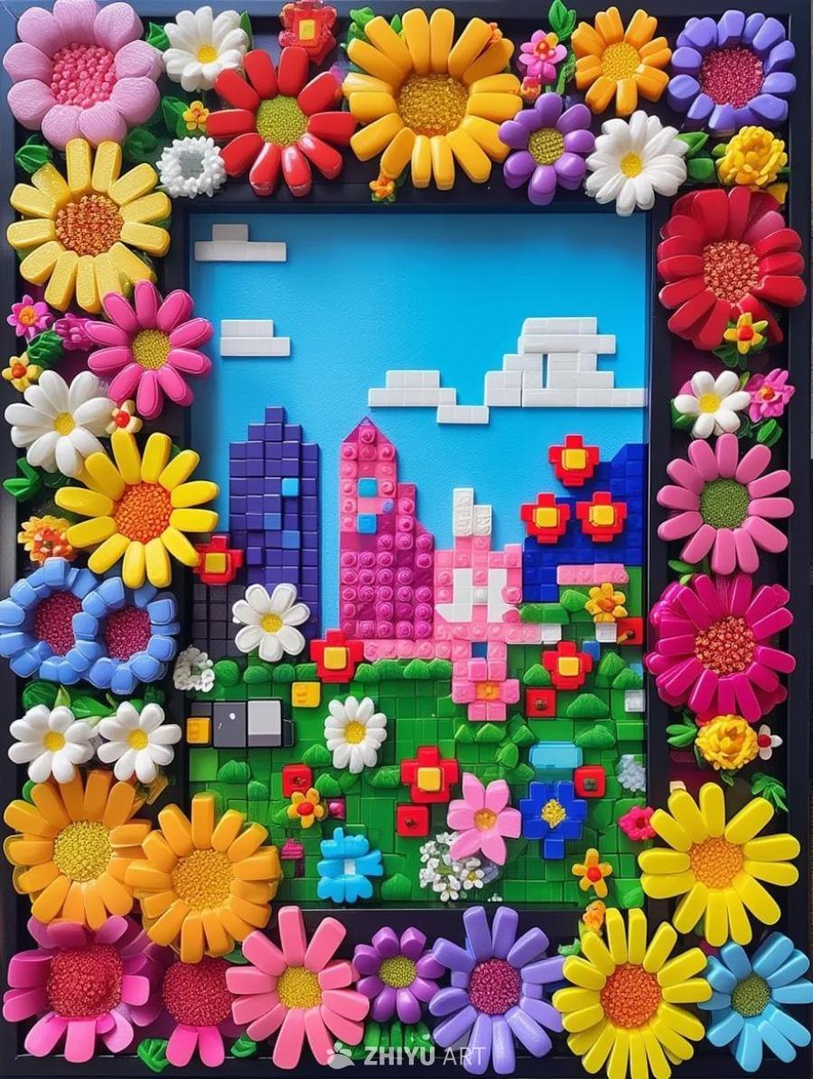 用鲜花做成相框，内部是由积木组成的像素画，像素画的
