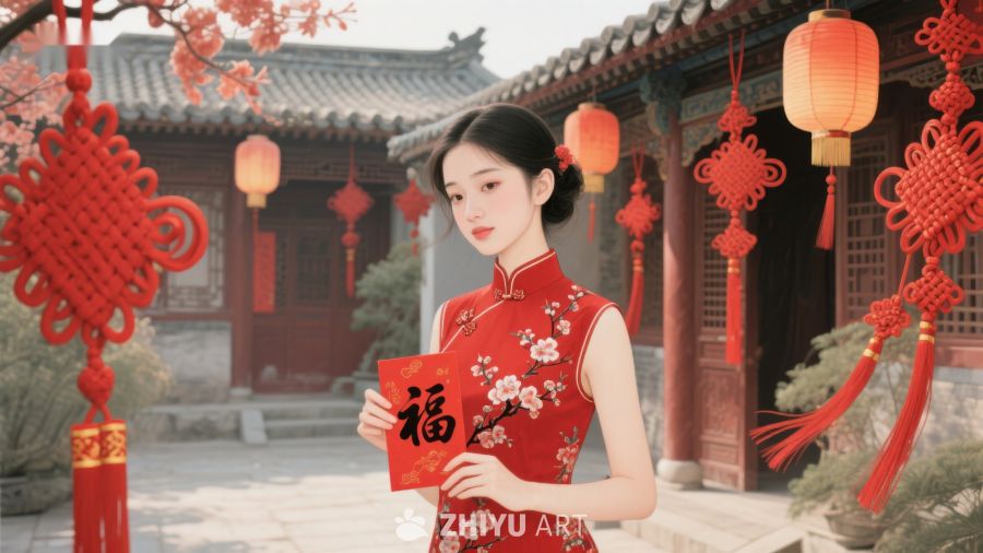 女子身着旗袍手持福字，庭院红灯高挂 709
