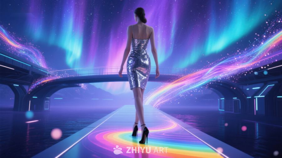 霓虹光影中行走的女子 378