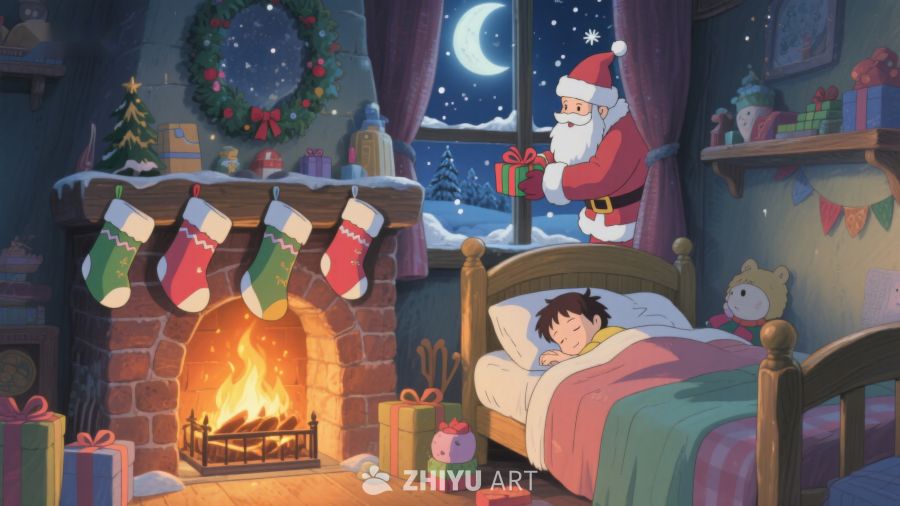 圣诞夜，老人送礼温馨场景 231