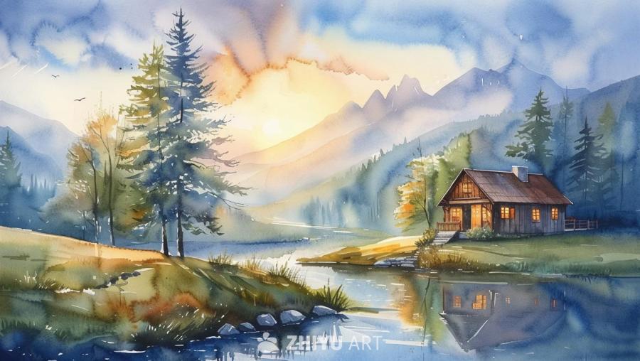 水彩风景画，画面中有一座小木屋坐落在湖边，湖水倒映