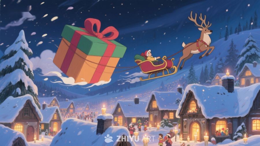 圣诞夜空中的礼物与驯鹿 200