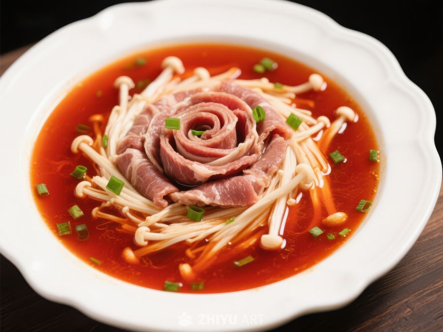 金针菇牛肉汤，红油点缀，造型精致 381
