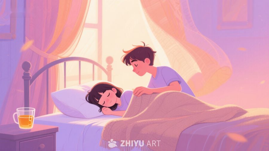 温馨晨光中，男孩轻抚熟睡女孩的额头 363