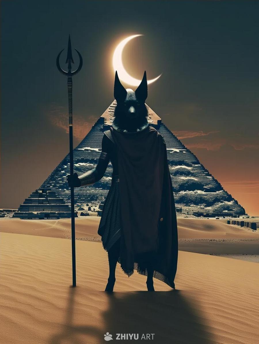 豺狼头神祇的轮廓手持权杖，站立在沙漠的沙地上，新月