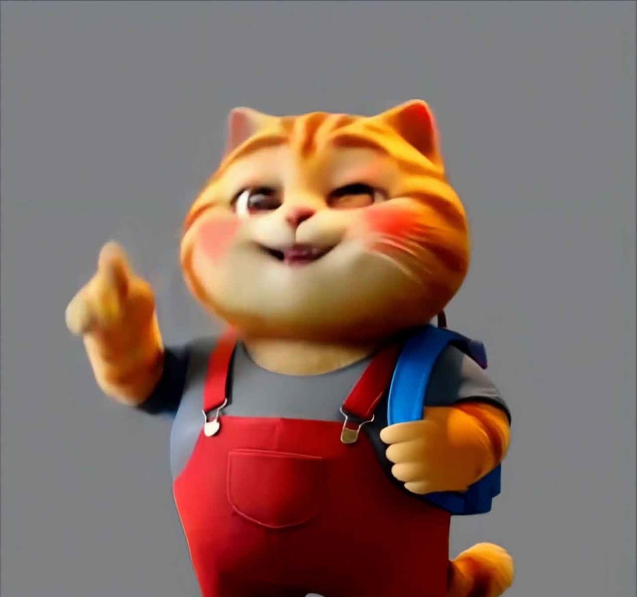 卡通猫背着书包，竖起大拇指开怀大笑