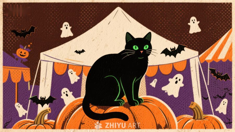 万圣节夜市中的黑猫与南瓜